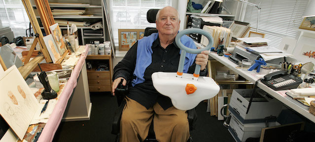 **PLEASE HOLD FOR DAN GOODMAN**Architect and designer Michael Graves sits in his studio Friday, Sept. 11, 2009, in Princeton, N.J., as he holds a bathtub handle he designed to help the handicapped and elderly. (AP Photo/Mel Evans)
