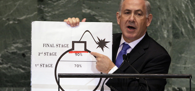 FILE - In this Sept. 27, 2012 file photo, Israeli Prime Minister Benjamin Netanyahu shows an illustration as he describes his concerns over Iran's nuclear ambitions during his address to the 67th session of the United Nations General Assembly at U.N. headquarters. As concern intensifies over Iran's nuclear program and the rise of Islamist governments in the Middle East, America's top ally in the region, Israel, has become increasingly wary. Israel's security has been a U.S. foreign policy priority of both Democratic and Republican administrations since the Jewish state was created in 1948. Although small in size and population, Israel has significant influence in Washington and presidents of both parties have pledged their commitment to its defense. And it's always a potential flashpoint in a region that the U.S. depends on for oil. (AP Photo/Richard Drew, File)