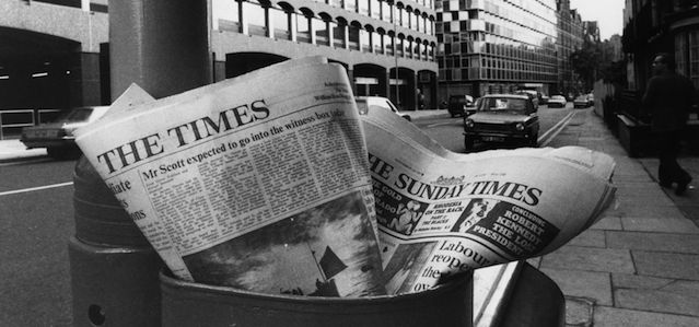 1979: The Times and The Sunday Times, two quality broadsheets, left in a litter bin, just down the road from The Times offices in Gray's Inn Road, London. (Photo by Evening Standard/Getty Images)