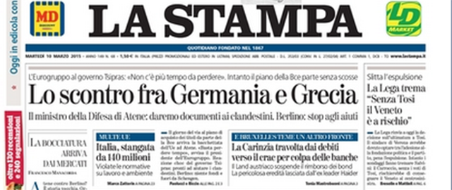 Le prime pagine di martedì 10 marzo 2015