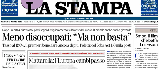 Le prime pagine di martedì 3 marzo 2015