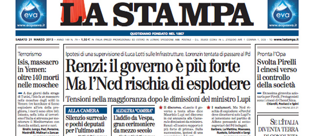 Le prime pagine di sabato 21 marzo 2015