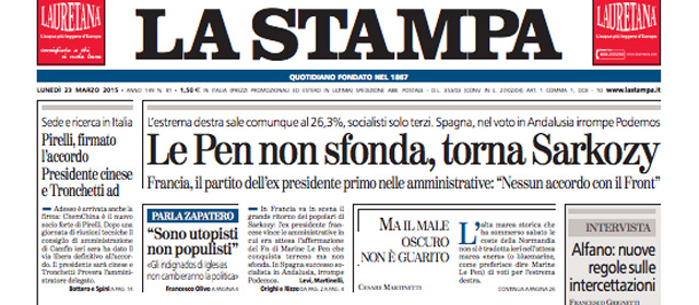 Le prime pagine di lunedì 23 marzo 2015