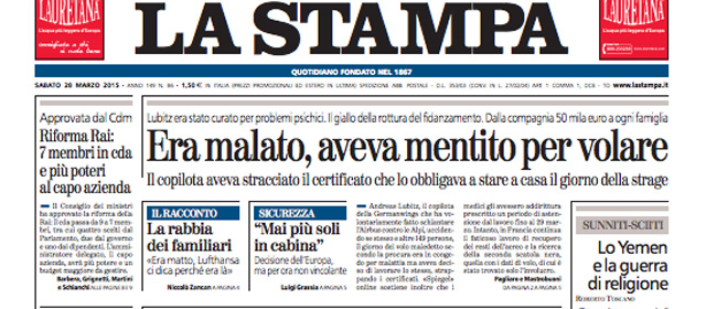 Le prime pagine di sabato 28 marzo 2015