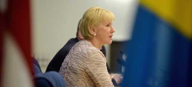 Swedish Foreign minister Margot Wallstrom speaks at a joint press conference with her Latvian counterpart after their meeting at the Foreign Ministry in Riga on January 23, 2015. Wallstrom visits Latvia, currently at the helm of the rotating EU presidency, to discuss EU priorities including combatting terrorism and resolving the Ukraine crisis.
AFP PHOTO / ILMARS ZNOTINS (Photo credit should read ILMARS ZNOTINS/AFP/Getty Images)