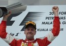 L'esultanza di Sebastian Vettel dopo la vittoria in Malesia, via radio