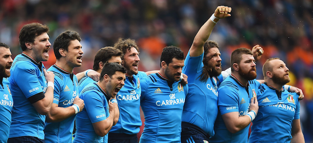 ROME, ITALY - MARCH 21: Italy players sing the national anthem during the RBS 6 Nations match between Italy and Wales at Stadio Olimpico on March 21, 2015 in Rome, Italy. (Photo by Laurence Griffiths/Getty Images)