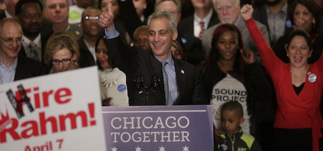 CHICAGO, IL - APRIL 7: Rahm Emanuel gives the thumbs up during his victory speech after being re-elected Mayor of Chicago at his election night rally April 7, 2015 in Chicago, Illinois. Emanuel defeated Cook County Commissioner Jesus "Chuy" Garcia in a run-off election, after Emanuel was unable to get a majority vote in February's general election. (Photo by Joshua Lott/Getty Images)