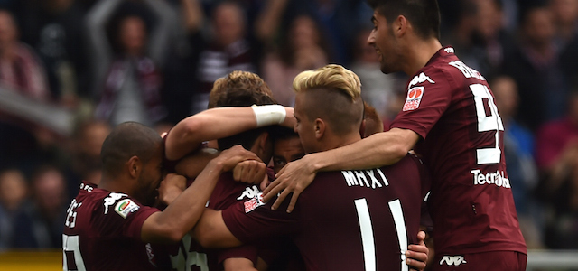 TURIN, ITALY - APRIL 26: Matteo Darmian (C) of Torino FC celebrates his goal with team mates during the Serie A match between Torino FC and Juventus FC at Stadio Olimpico di Torino on April 26, 2015 in Turin, Italy. (Photo by Valerio Pennicino/Getty Images)