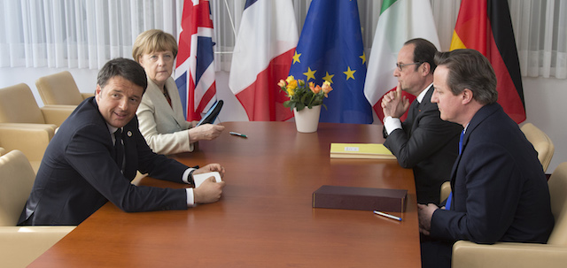 From left, clockwise, Italian Prime Minister Matteo Renzi, German Chancellor Angela Merkel, French President Francois Hollande and British Prime Minister David Cameron take part in a meeting during an emergency EU summit in Brussels, Thursday, April 23, 2015. EU leaders are facing calls from all sides to take emergency action to save lives in the Mediterranean, where hundreds of migrants are missing and feared drowned in recent days. (Yves Herman/Pool Photo via AP)