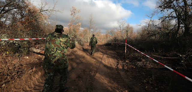 Border policemen patrol at Bulgarian-Turkish border where most of the illegal immigrants enter, near the village of Golyam Dervent, Bulgaria Thursday, Nov., 28 2013. Bulgarian authorities are building fence over a section of its 274-kilometer (171 mile-) border with Turkey to prevent prevent illegal entry via the border. Bulgaria has seen a serious refugee influx over the past year as it is the gateway to the European Union for refugees fleeing Syria via Turkey. (AP Photo/Valentina Petrova)
