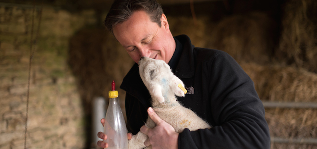 David Cameron allatta un agnellino nella fattoria di Dean Lane a Chadlington, in Inghilterra, 5 aprile 2015. 
(Leon Neal - WPA Pool/Getty Images)