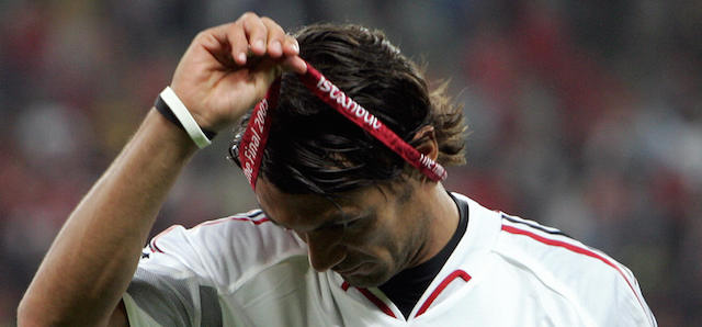 Istanbul, Turkey: AC Milan's Italian captain and defender Paolo Maldini takes off his medal at the end of the UEFA Champions league football final AC Milan vs Liverpool, 25 May 2005 at the Ataturk Stadium in Istanbul. Liverpool won 3-2 on penalties. AFP PHOTO FILIPPO MONTEFORTE (Photo credit should read FILIPPO MONTEFORTE/AFP/Getty Images)