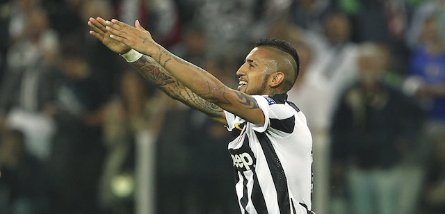 TURIN, ITALY - APRIL 14: Arturo Vidal of Juventus FC celebrates after scoring the opening goal during the UEFA Champions League Quarter Final First Leg match between Juventus and AS Monaco FC at Juventus Arena on April 14, 2015 in Turin, Italy. (Photo by Marco Luzzani/Getty Images)
