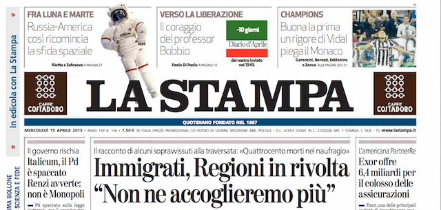 Le prime pagine di mercoledì 15 aprile 2015