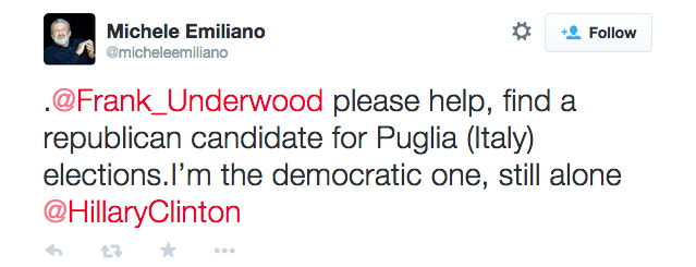 Il tweet di Michele Emiliano a Frank Underwood