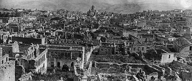 A picture released by the Armenian Genocide Museum-Institute dated 1920 shows a panoramic view of Shushi, in the Armenian region of Karbakh, after it was purportedly destroyed by Ottoman troops. Armenians say up to 1.5 million of their forebears were killed in a 1915-16 genocide by Turkey's former Ottoman Empire. Turkey says 500,000 died and ascribes the toll to fighting and starvation during World War I. AFP PHOTO (Photo credit should read STR/AFP/Getty Images)