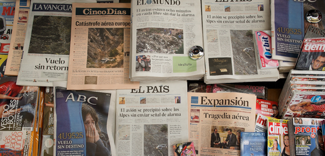 MADRID, SPAIN - MARCH 25: Front pages of Spanish newspapers are on display for a picture the day after a crash of an Airbus A320 airplane flying from Barcelona to Duesseldorf outside the Spanish Parliament on March 25, 2015 in Madrid, Spain. All 144 passengers and six members of flight crew of the Germanwings flight, which is believed to have included 45 Spanish and 67 German nationals, are believed to have been killed after the aircraft rapidly lost height and fell into a remote area of the southern French Alps. (Photo by Pablo Blazquez Dominguez/Getty Images)