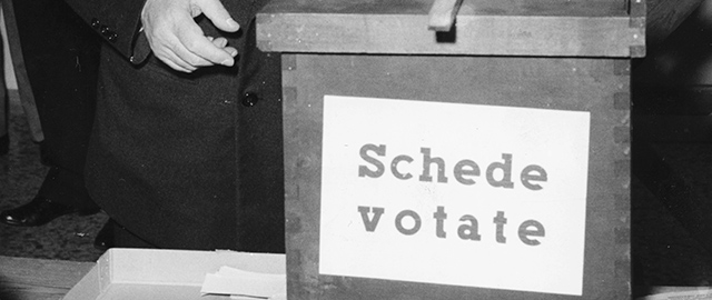 President of the Italian Republic Giuseppe Saragat (centre), posting his vote in to a ballot box during elections, Rome, June 10th 1962. (Photo by Keystone/Hulton Archive/Getty Images)