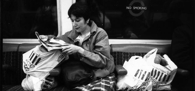 A shopper transports her groceries on the London Underground, 1994. (Photo by Steve Eason/Hulton Archive/Getty Images)