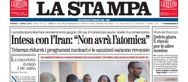Le prime pagine di venerdì 3 aprile 2015