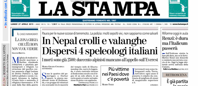 Le prime pagine di lunedì 27 aprile 2015