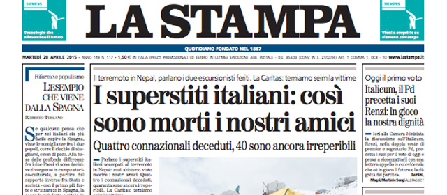 Le prime pagine di martedì 28 aprile 2015