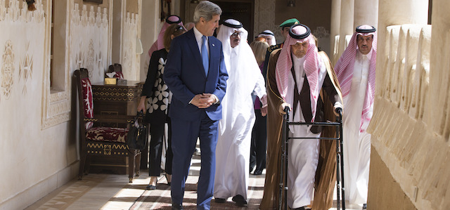 U.S. Secretary of State John Kerry walks with Saud bin Faisal bin Abdulaziz Al Saud, Foreign Minister of Saudi Arabia, before a visit with Saudi King Salman bin Abdulaziz al-Saud at Diriya Farm, on Thursday, March 5, 2015, in Diriya, Saudi Arabia. Kerry planned to meet with Arab Gulf state allies in Riyadh Thursday before sitting down with the foreign ministers of France, Britain, and Germany in Paris on Saturday to share the state of the Iran nuclear negotiations. (AP Photo/Evan Vucci, Pool)