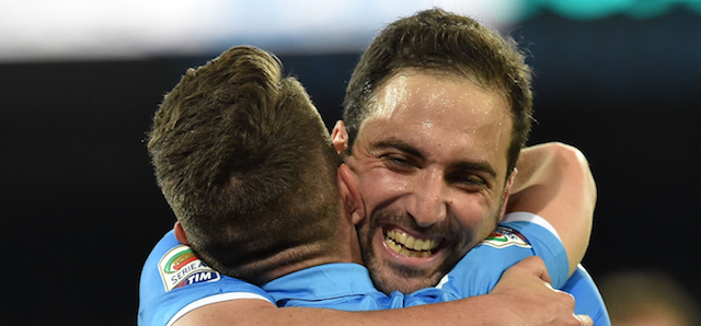 NAPLES, ITALY - MAY 03: Gonzalo Higuain of Napoli celebrates after scoring the goal 2-0 during the Serie A match between SSC Napoli and AC Milan at Stadio San Paolo on May 3, 2015 in Naples, Italy. (Photo by Giuseppe Bellini/Getty Images)