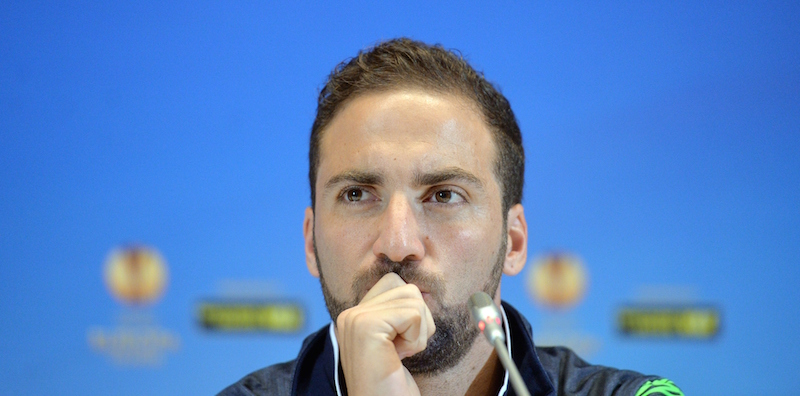 SSC Napoli's player Gonzalo Higuain gives a press conference in Kiev on May 13, 2015, on the eve of the UEFA Europa League semi-final second leg football match between FC Dnipro Dnipropetrovsk and SSC Napoli. AFP PHOTO / GENYA SAVILOV (Photo credit should read GENYA SAVILOV/AFP/Getty Images)