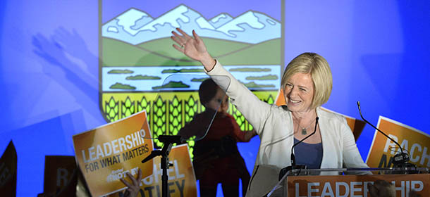 Alberta NDP leader Rachel Notley speaks on stage after being elected Alberta's new Premier in Edmonton on Tuesday, May 5, 2015. The NDP won a majority in Alberta by toppling the Progressive Conservative colossus that has dominated the province for more than four decades. (Nathan Denette/The Canadian Press via AP) MANDATORY CREDIT