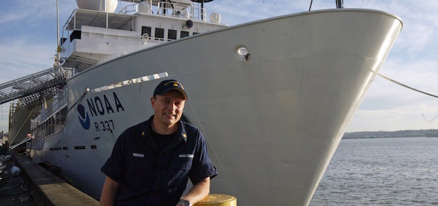 Jeremy Weirich, operations officer for National Oceanic and Atmospheric Administration's (NOAA) new high-tech science ship Okeanos Explorer, seen in front of the boat, Nov. 17, 2008. An undersea volcano was discovered off Washington's coast during a trial run of the first-of-its-kind vessel. Collecting ocean images is one part of the ship's mission. Despite ongoing research, NOAA scientists say close to 95 percent of the ocean remains unexplored. That means a world of underwater volcanoes, deep-dwelling organisms and shipwrecks hasn't been seen by humans. Okeanos Explorer is the first U.S. government ship devoted solely to exploring the ocean for scientific discovery. A satellite dish on board will transmit real-time images over the Internet to viewers in classrooms, museums and homes. (AP Photo/The Seattle Times, Greg Gilbert) ** OUTS: SEATTLE OUT, USA TODAY OUT, MAGAZINES OUT, SALES OUT. MANDATORY CREDIT TO GREG GILBERT/THE SEATTLE TIMES **