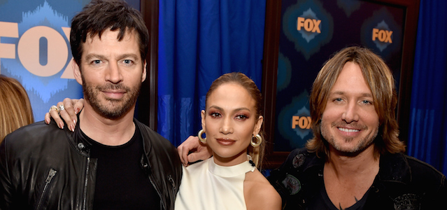 PASADENA, CA - JANUARY 17: (L-R) American Idol judges musician Harry Connick, Jr., singer Jennifer Lopez and musician Keith Urban of American Idol pose at the Fox Winter TCA All-Star Party at the Langham Huntington Hotel on January 17, 2015 in Pasadena, California. (Photo by Kevin Winter/Getty Images)
