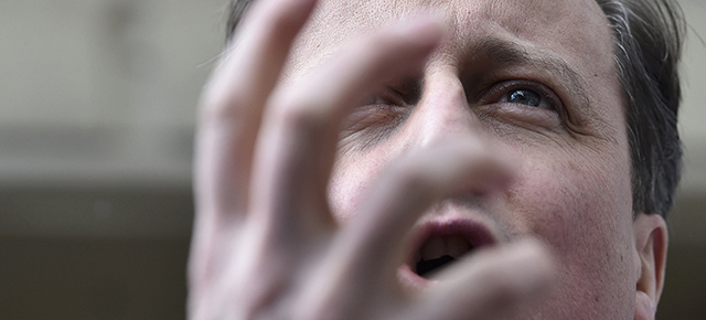 Britain's Prime Minister and leader of the Conservative Party, David Cameron, addresses locals whilst campaigning for the UK general election in Wetherby, northern England, on April 30, 2015. Britain goes to the polls on May 7 to elect a new parliament. AFP PHOTO / POOL / TOBY MELVILLE (Photo credit should read TOBY MELVILLE/AFP/Getty Images)