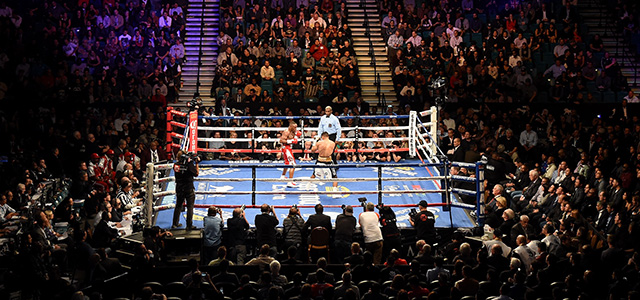 LAS VEGAS, NV - DECEMBER 13: A general view of the ring as Amir Khan and Devon Alexander battle during their welterweight bout at the MGM Grand Garden Arena on December 13, 2014 in Las Vegas, Nevada. Khan won by unanimous decision. (Ethan Miller/Getty Images)