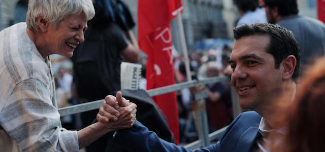 Foto Fabio Cimaglia / LaPresse18-07-2014 RomaComizio di Alexis Tsipras a Piazza FarneseNella foto Alexis Tsipras, Barbara SpinelliPhoto Fabio Cimaglia / LaPresse18-07-2014 Roma (Italy)Alexis Tsipras Comitium in Piazza FarneseIn the photo Alexis Tsipras, Barbara Spinelli