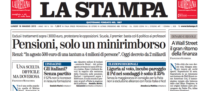Le prime pagine di lunedì 18 maggio 2015