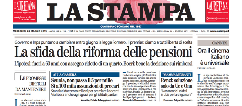 Le prime pagine di mercoledì 20 maggio 2015