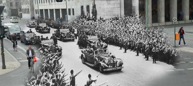 COMPOSITE: In this digital composite image a comparison has been made showing crowds saluting to Adolf Hitler passing by in a motorcade on October 2, 1938 (Photo by Keystone/Hulton Archive/Getty Images) and a view from approximately the same perspective along on April 30, 2015 in Berlin, Germany. (Photo by Sean Gallup/Getty Images) *** ARCHIVE BLACK AND WHITE *** BERLIN, GERMANY - OCTOBER 2, 1938: Crowds salute German Nazi leader Adolf Hitler (1889 - 1945) on his arrival in Berlin from Munich, 2nd October 1938. (Photo by Keystone/Hulton Archive/Getty Images) *** MODERN DAY COLOR *** BERLIN, GERMANY - APRIL 30, 2015: Cars and cyclists pass through the intersection of Wilhelmstrasse and Leipziger Strasse on April 30, 2015 in Berlin, Germany. Europe, Russia and the former Allied powers will commemorate the 70th anniversary of the end of World War II and the victory over Nazi Germany on May 8-9. (Photo by Sean Gallup/Getty Images)