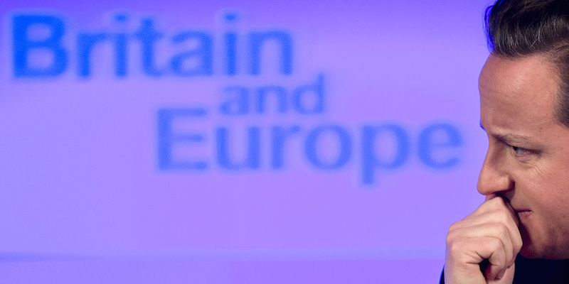 David Cameron durante il discorso in cui promise per la prima volta un referendum su Regno Unito e Unione Europea, 23 gennaio 2013. 
(BEN STANSALL/AFP/Getty Images)