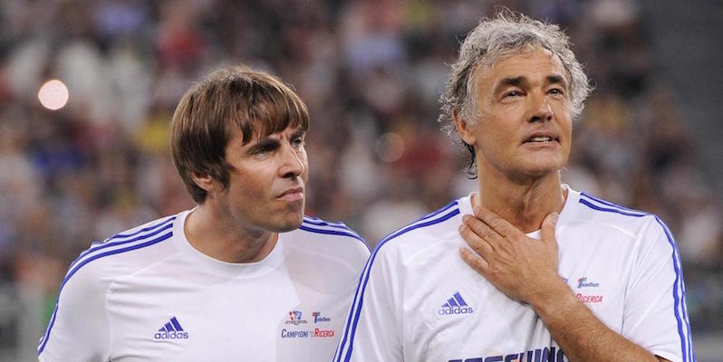 Il cantante inglese Liam Gallagher e il conduttore italiano Massimo Giletti durante la partita del cuore 2015 presso lo Juventus Stadium, Torino, 2 Giugno 2015 (LaPresse - Daniele Badolato)