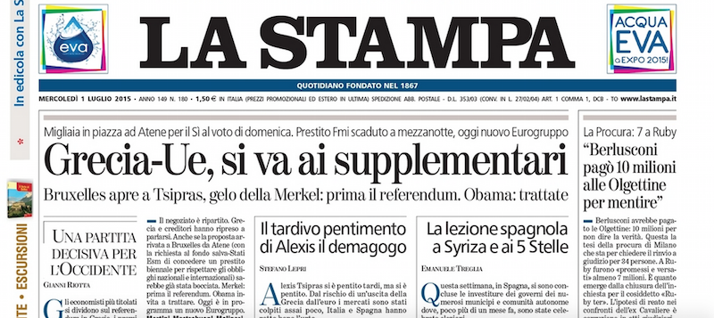 Le prime pagine di mercoledì 1 luglio 2015