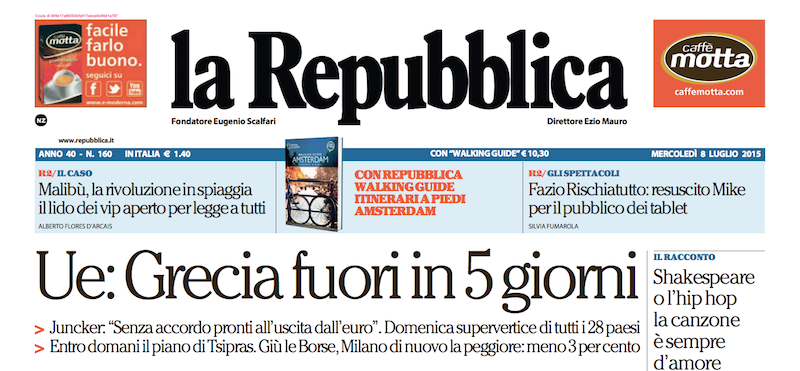 Le prime pagine di mercoledì 8 luglio 2015