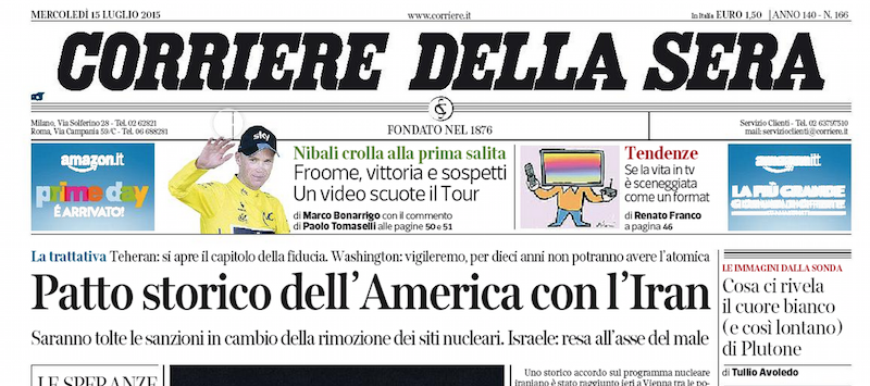 Le prime pagine di mercoledì 15 luglio 2015