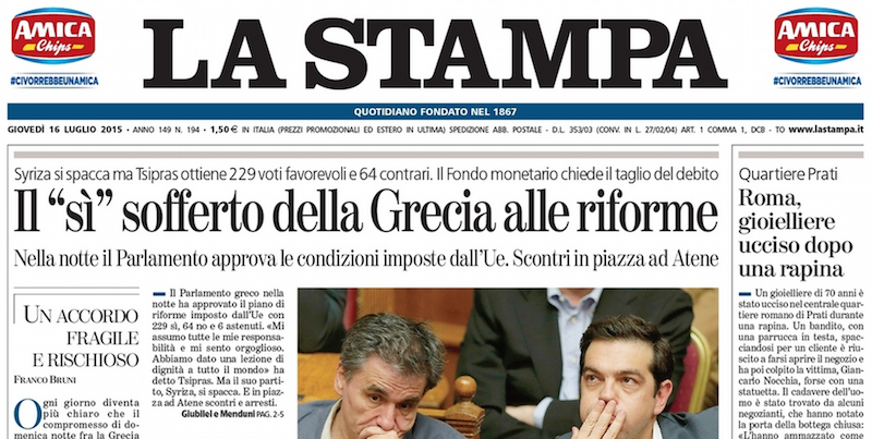 Le prime pagine di giovedì 16 luglio 2015