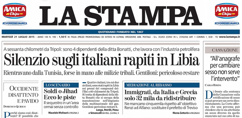Le prime pagine di martedì 21 luglio 2015