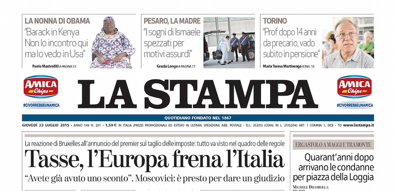 Le prime pagine di giovedì 23 luglio 2015