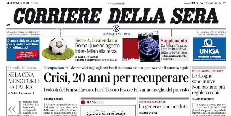 Le prime pagine di martedì 28 luglio 2015