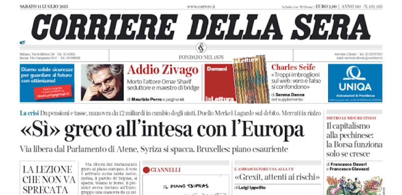 Le prime pagine di sabato 11 luglio 2015