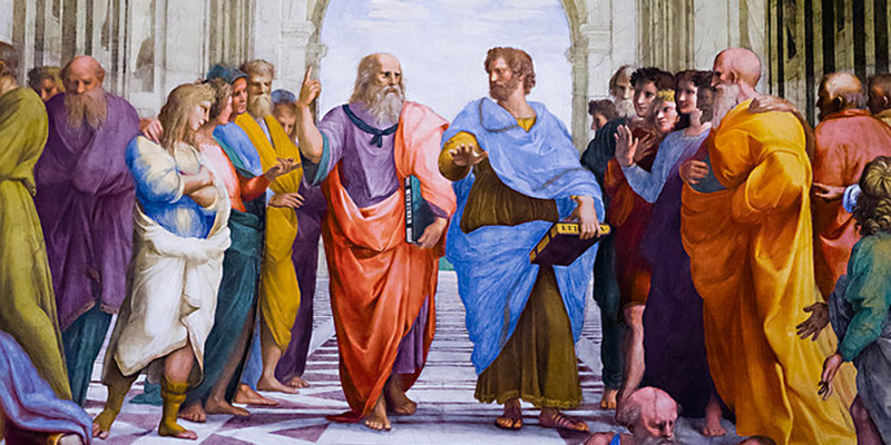 Platone e Aristotele al centro della "Scuola di Atene", nella Stanza della Segnatura dei Musei Vaticani. L'opera è di Raffaello Sanzio, fotografata da Alessandro Grussu.